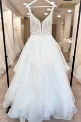 Ruffled Tulle A Line Wedding Dress with 3D Floral Straps