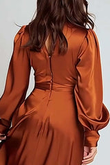 Rust Satin A-Line V-Neck Ruched Midi Prom Dress With Sleeves