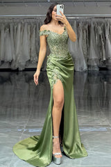 Sage Green Off-Shoulder Embellished Corset Prom Dress With High Slit Formal Evening Gown