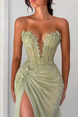 Sage Green Prom Dress with Sheer Corset and 3D Floral Lace