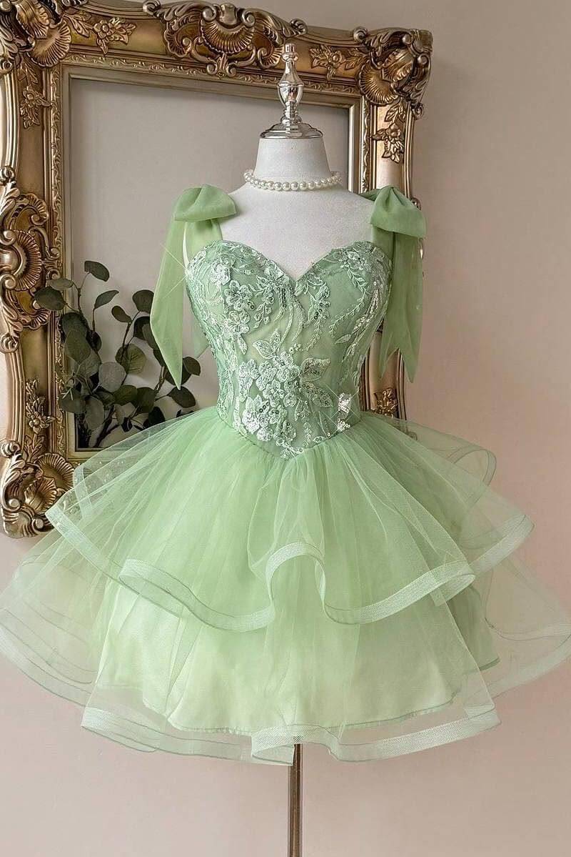 Sage Green Sweetheart Lace Corset Homecoming Dress with Bow Straps & Tiered Tulle Skirt