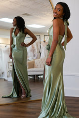 Sage Prom Dress Mermaid Satin Corset Long Formal Dress With Slit