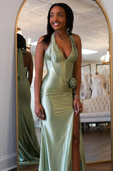 Sage Prom Dress Mermaid Satin Corset Long Formal Dress With Slit