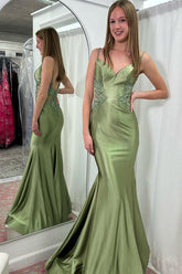 Sage Prom Dress Mermaid Satin Spaghetti Straps Long Evening Dress With Appliques