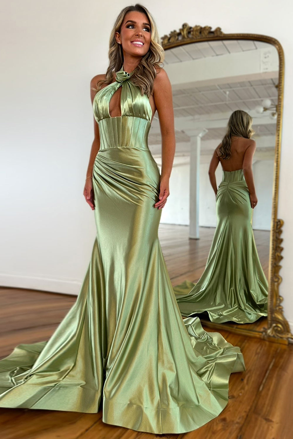 Sage Prom Dress Satin Cross Halter Mermaid Formal Dress