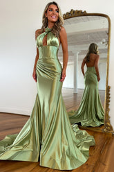 Sage Prom Dress Satin Cross Halter Mermaid Formal Dress