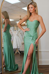 Sage Prom Dress Sweetheart Mermaid Ruched Formal Dress With Slit