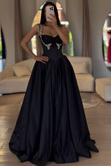 Satin A Line Prom Dress with Crystal Straps and Corset Bodice