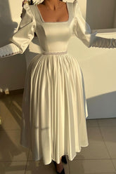 Satin A Line Prom Dress with Pearl Square Neck and Puff Sleeves