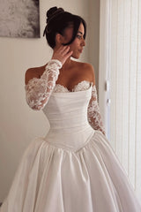 Satin A Line Wedding Dress with Lace Sleeves and Pleated Corset Bodice