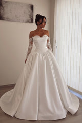 Satin A Line Wedding Dress with Lace Sleeves and Pleated Corset Bodice