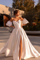 Satin A Line Wedding Dress with Side Slit and Detachable Puff Sleeves