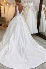 Satin A-Line Wedding Dress with V-Neck Sleeveless Design Sweep Train and High Split