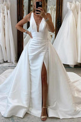 Satin A-Line Wedding Dress with V-Neck Sleeveless Design Sweep Train and High Split