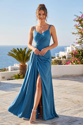 Satin A-Line/Princess V-Neck Sleeveless Floor-Length Ruched Bridesmaid Dresses With Split Side