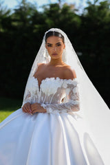 Satin Ball Gown Wedding Dress with 3D Floral Sleeves and Back Bow