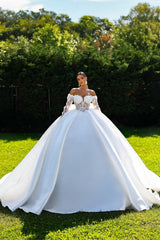 Satin Ball Gown Wedding Dress with 3D Floral Sleeves and Back Bow