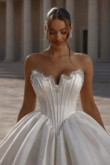 Satin Ball Gown Wedding Dress with Corset Bodice and Rhinestone Neckline