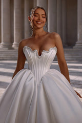 Satin Ball Gown Wedding Dress with Corset Bodice and Rhinestone Neckline
