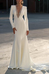 Satin Beaded Wedding Dresses Trumpet/Mermaid V-Neck Bridal Gown with Long Sleeves