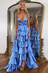 Satin Blue Prom Dress Ruffled Ruched A Line Long Formal Dress With Slit