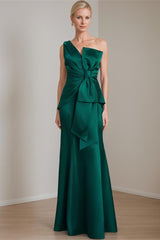 Satin Floor-Length Sleeveless One-Shoulder Bow Gown for the Mother of the Bride