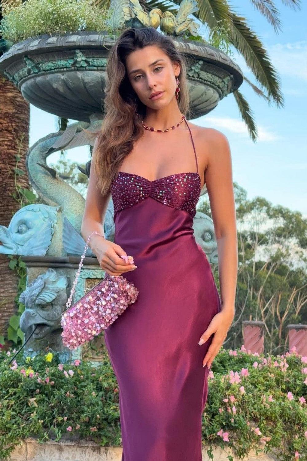 Satin Halter Neck Lace Up Long Prom Party Dress With Sequin Formal Evening Gown