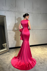 Dreamyannie Satin Prom Dress Scoop Sleeveless Formal Dress With Bow Knot