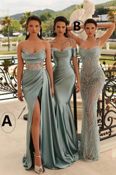 Satin Sweetheart Spaghetti Strap Mermaid Evening Dress with Split Beadings