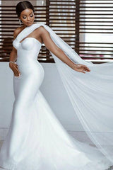 Satin Trumpet/Mermaid One-Shoulder Strapless Court Train Beach Wedding Dress