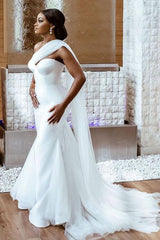 Satin Trumpet/Mermaid One-Shoulder Strapless Court Train Beach Wedding Dress