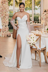 Satin Wedding Dresses With Split Front Sheath Sleeveless Sweep Train