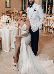 Satin Wedding Dresses With Split Front Sheath Sleeveless Sweep Train