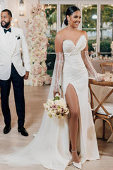 Satin Wedding Dresses With Split Front Sheath Sleeveless Sweep Train