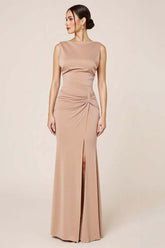 Satin Wedding Guest Dress Sheath Boat Neck Long Evening Dress With Slit