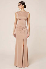 Satin Wedding Guest Dress Sheath Boat Neck Long Evening Dress With Slit