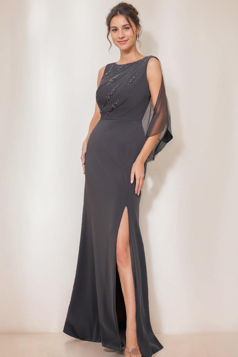 Scoop Neck Sheath/Column Dress for Mothers of the Bride & Groom with Beading and Side Split