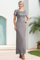 Scoop Neck Short Sleeve Ankle-Length Sheath/Column Mother of the Bride Dress with Appliques