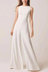 Dreamyannie Scoop Neck Sleeveless Floor Length Italian Satin Wedding Jumpsuit with Pockets