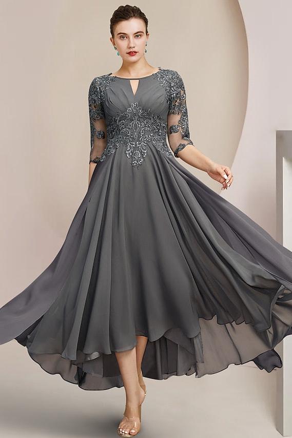 Scoop Neck Tea-Length A-Line Mother of the Bride Princess Dress