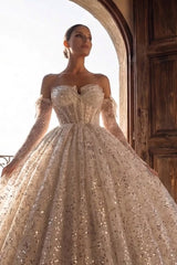 Sequin Ball Gown Wedding Dress with Bow Sleeves and Corset Bodice