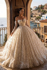 Sequin Ball Gown Wedding Dress with Bow Sleeves and Corset Bodice