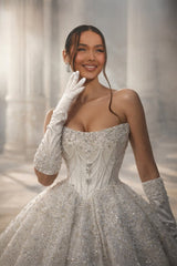 Sequin Ball Gown Wedding Dress with Pearl Draped Corset Bodice