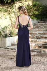 Sequin Formal Dress Scoop Neck Sheath Wedding Party Dress with Slit
