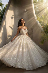 Sequin Lace Ball Gown Wedding Dress with 3D Floral Bodice and Lace-Up Back