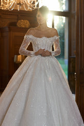 Sequin Lace Ball Gown Wedding Dress with Sheer Corset and Illusion Sleeves