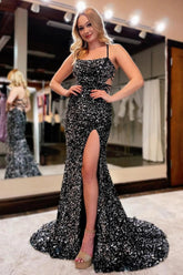 Sequined Lace up Back Black Prom Dress Mermaid Evening Dress with Slit