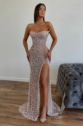 Sequined Strapless Prom Dress Mermaid Beaded Evening Dress With Split