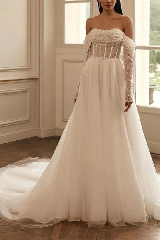 Sequined Wedding Dresses with A-Line Off-The-Shoulder Long Sleeves