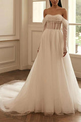Sequined Wedding Dresses with A-Line Off-The-Shoulder Long Sleeves